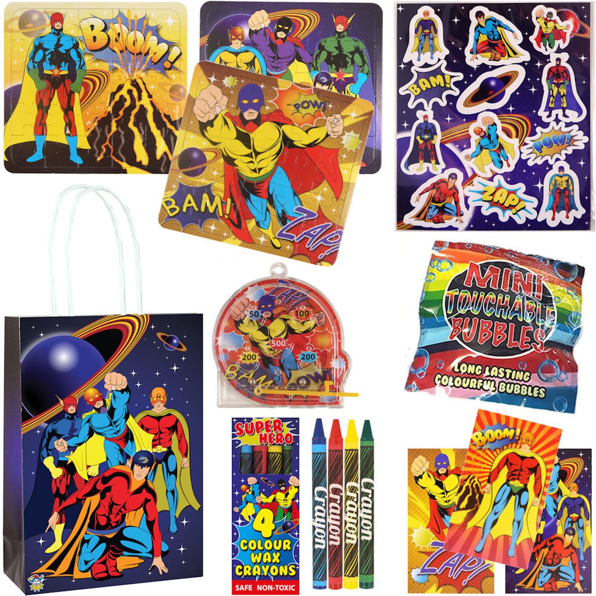 10 STUKS | LUXE SUPER HERO Traktatie Tas INCLUSIEF Uitdeel Kados. Bestaande uit: Tasje, Krijtjes, Notitieblok, Flipperspel, Puzzel, Stickervel en Bellenblaas | Jongens | Tractatiedozen voor Verjaardagen en Kinderfeestjes